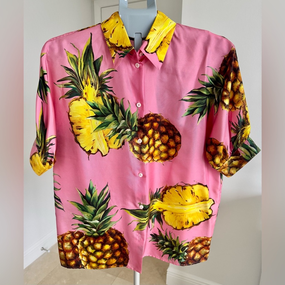 Dolce & Gabbana Pink Pineapple Print Short-Sleeve Shirt, 100% Silk, 42/S